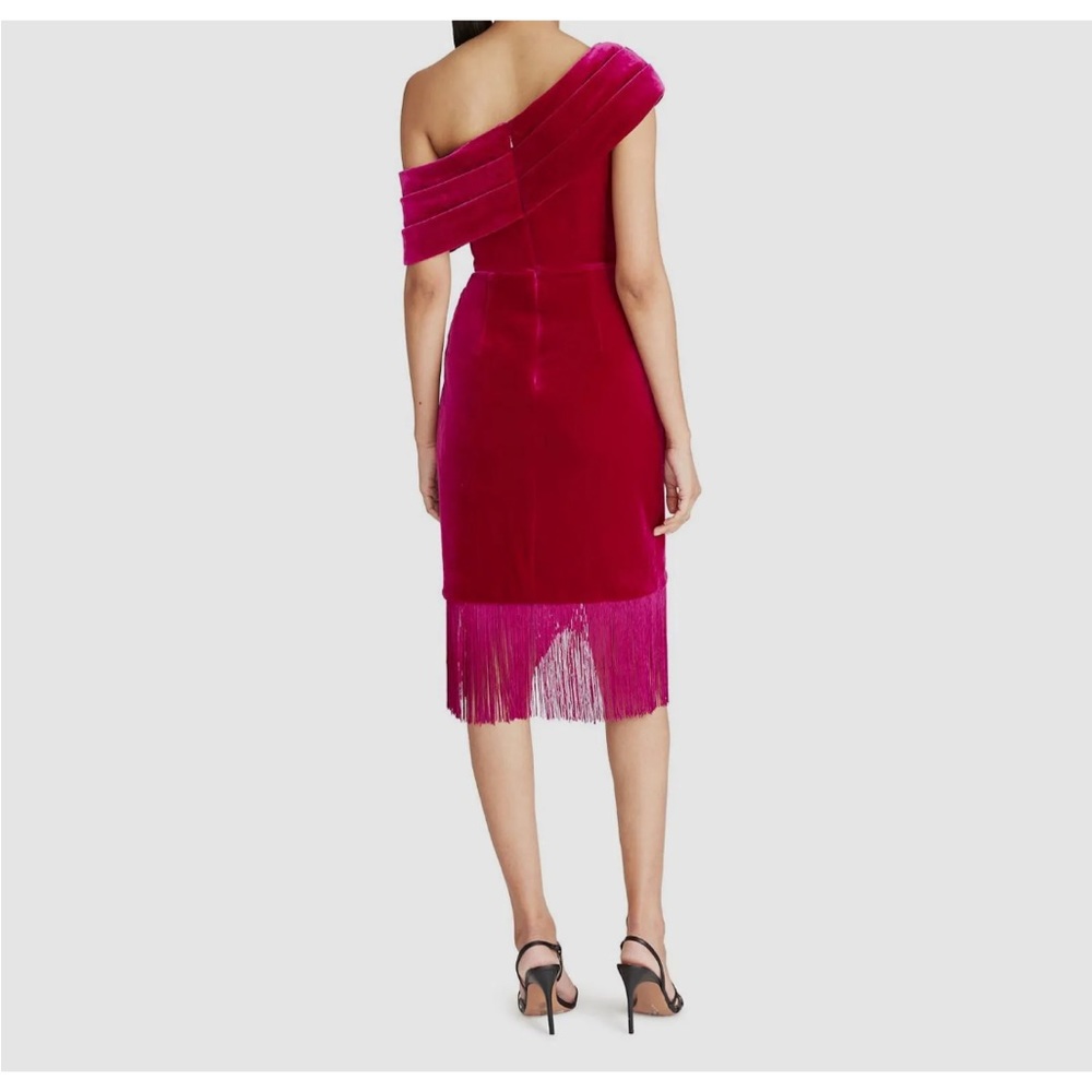 Theia Women's Pink Velvet Asymmetrical Aspen Fringed Mini Dress Size 10